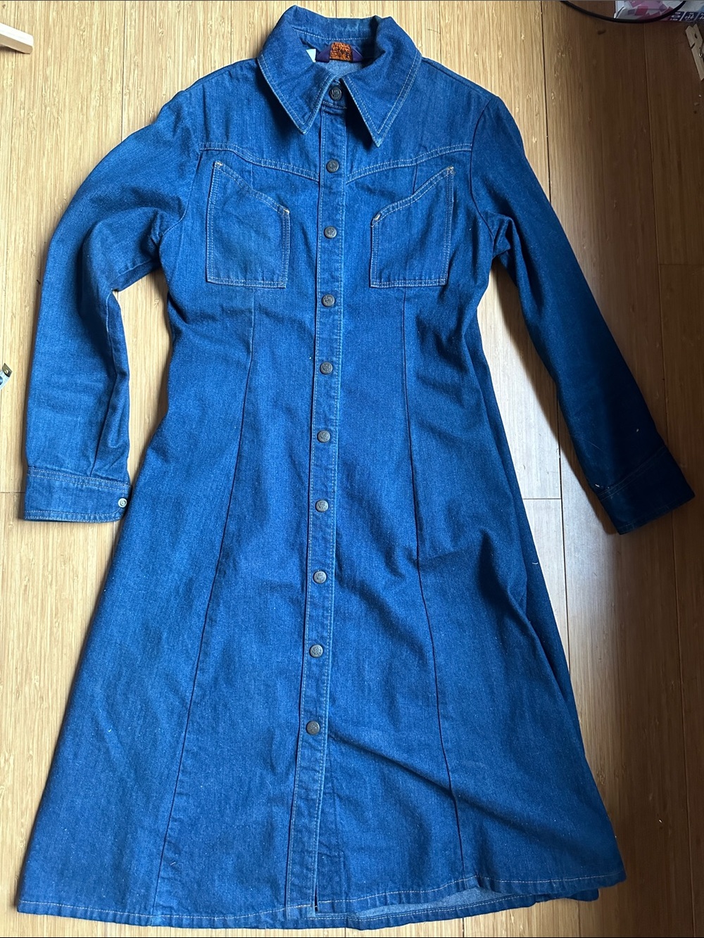 Vintage Landlubber Blue Denim Snap-Front Dress Western 1970s Made in USA